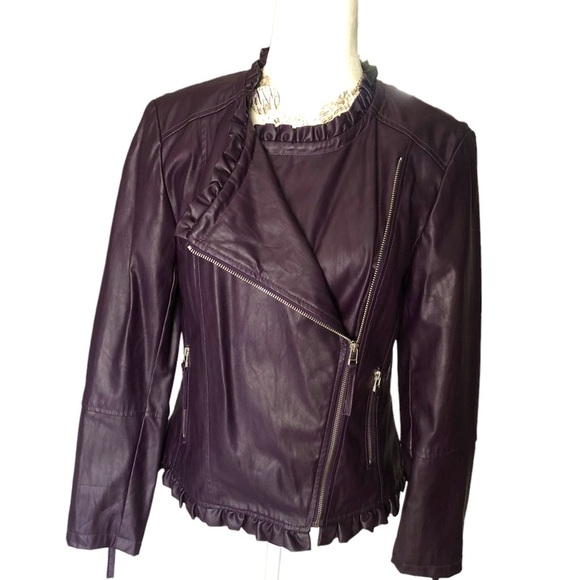 INC Purple Fitted Moto Jacket, Ruffle Trim, Faux Leather, Women’s Medium, NWOT - Picture 1 of 5